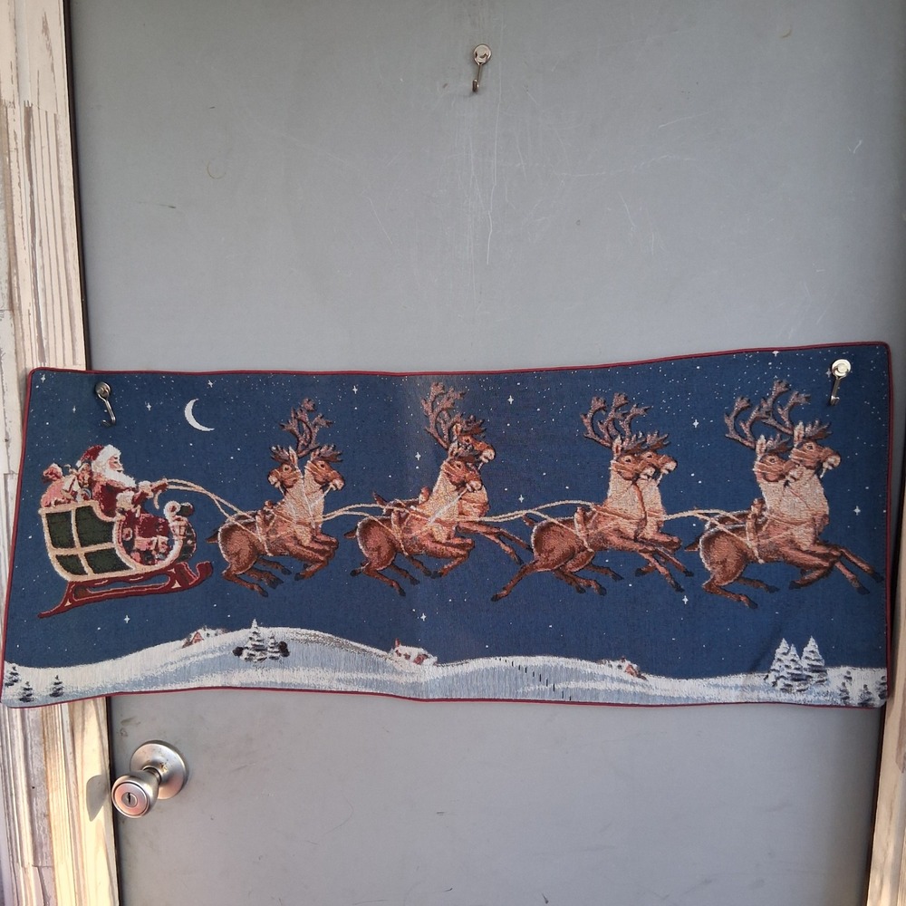 Vintage Christmas Woven Tapestry Wall Hanging Santa Sleigh Reindeer 32" Navy